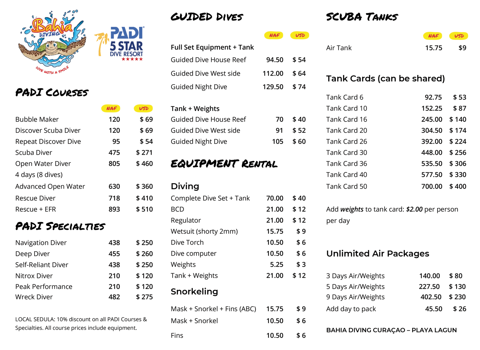 Bahia Diving Pricelist