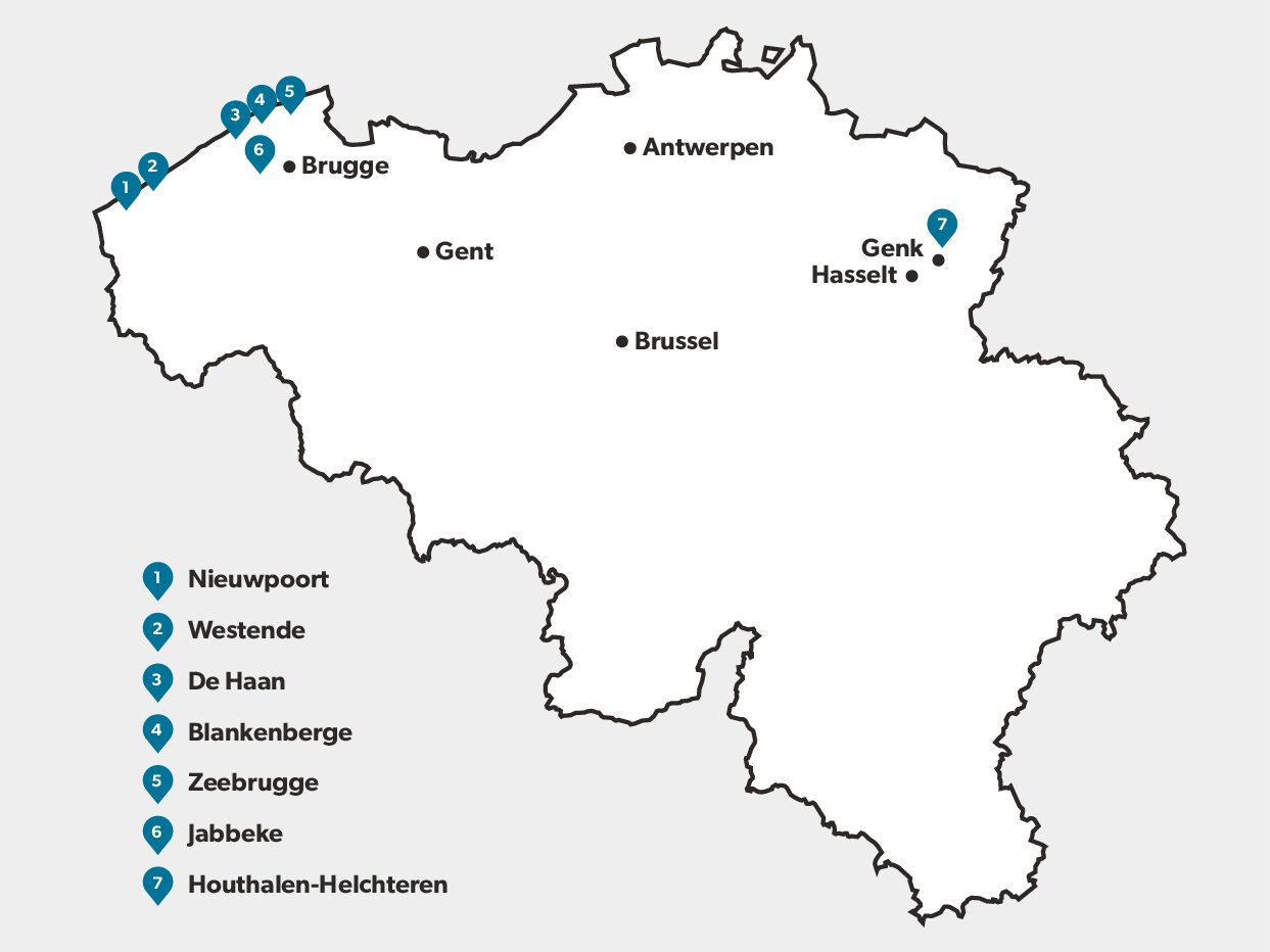 Een kaart van België met de locaties van Holiday Suites