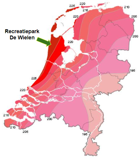 De zonne-urenkaart van Nederland (bron KNMI)