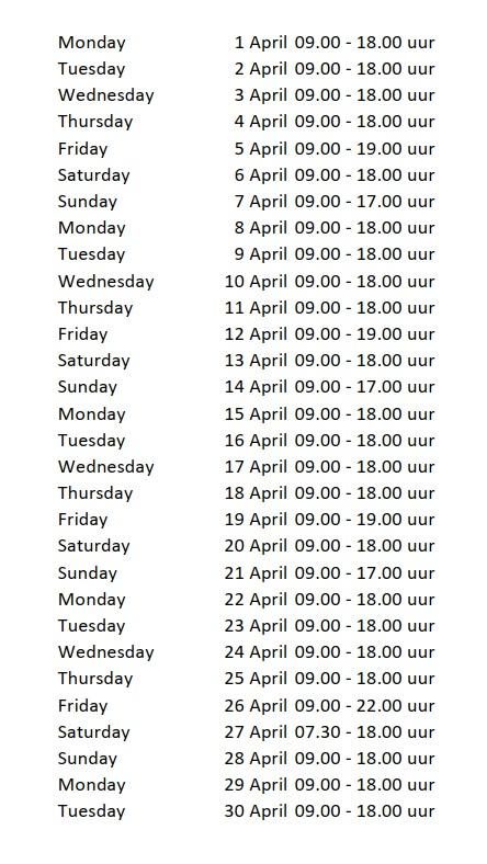 Opening hours April