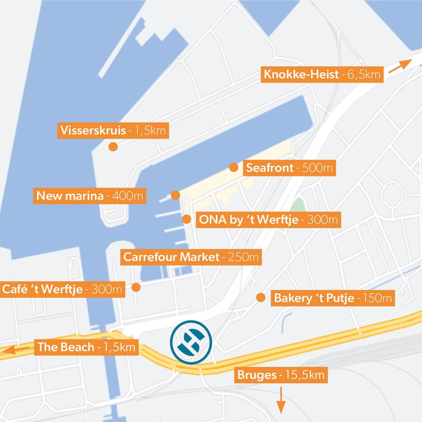 Map showing key attractions around Holiday Suites Zeebrugge, including the beach (1.5 km), Seafront theme park (500 m), Carrefour Market (250 m), and the marina (400 m), with easy access to Knokke-Heist and Bruges.