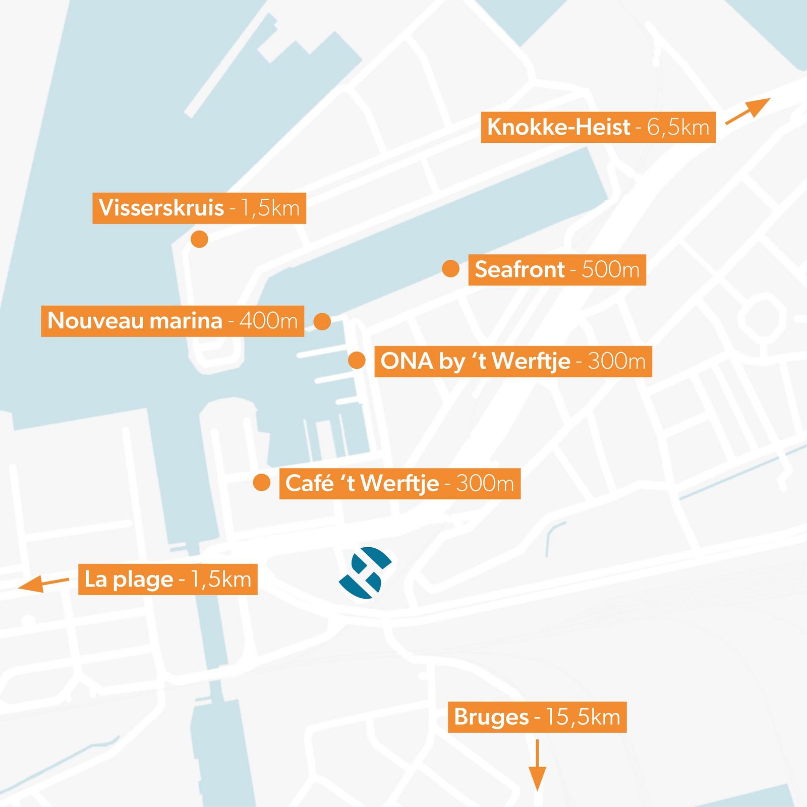 Carte montrant les principales attractions autour de Holiday Suites Zeebruges, incluant la plage (1,5 km), le parc à thème Seafront (500 m), le Carrefour Market (250 m) et la marina (400 m), avec un accès facile à Knokke-Heist et Bruges.