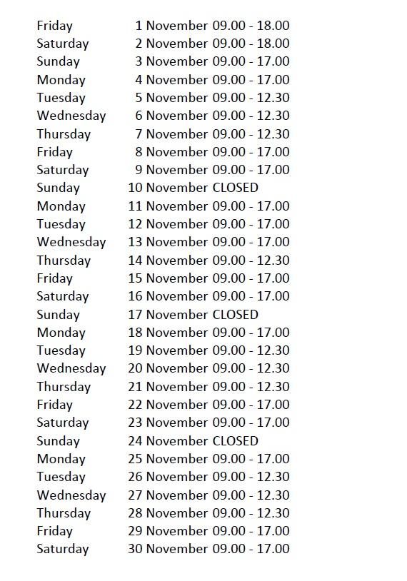 Opening hours October and