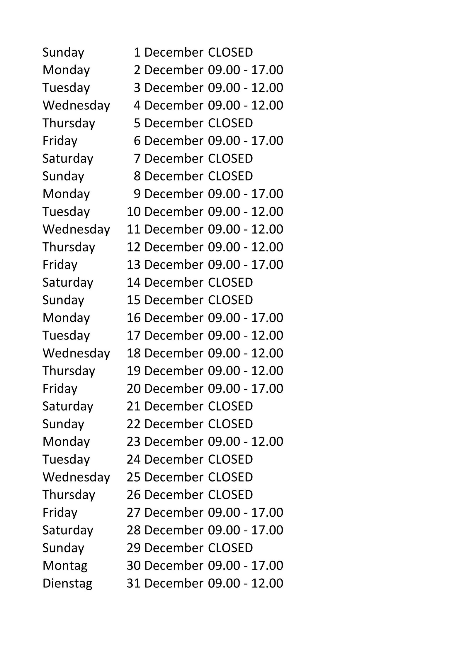 Opening hours December