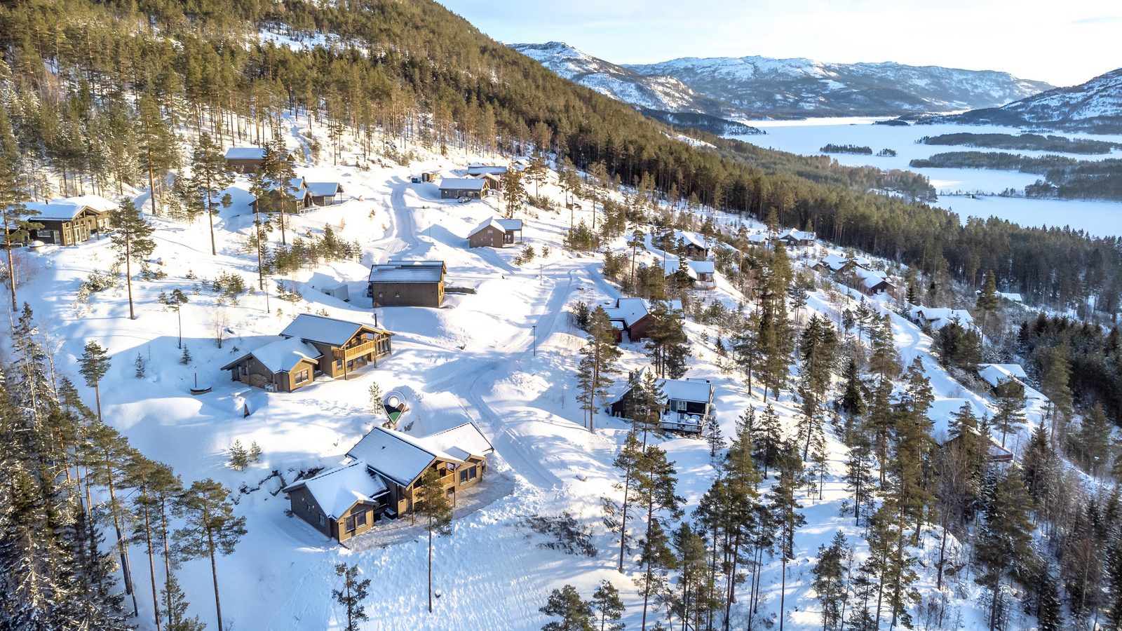 Bovenaanzicht vakantiewoningen in de sneeuw