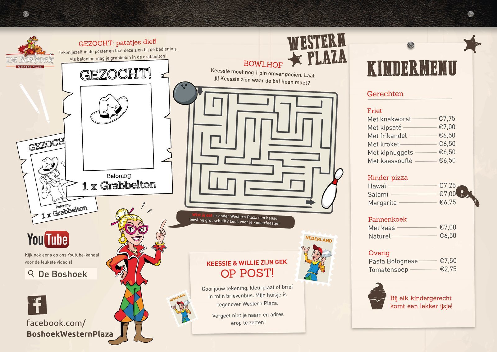 Kinder menukaart Western Plaza op Recreatiepark De Boshoek